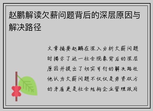 赵鹏解读欠薪问题背后的深层原因与解决路径