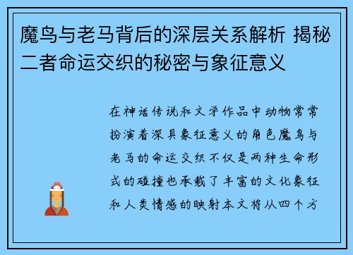 魔鸟与老马背后的深层关系解析 揭秘二者命运交织的秘密与象征意义